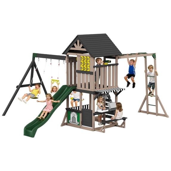LUXOAK Wooden Swing Set for Kids, Large Outdoor Playset with Playhouse, Wave Slide, 2 Swings, Climbing Wall