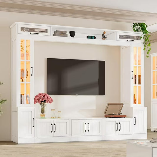 Merluxy Large Entertainment Center Wall Unit Set with Plenty of Storage & LED Lights, 98" Modern Wooden TV Stand with Bookshelves & Bridge for TVs up to 80" for Living Room