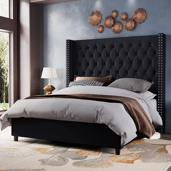 Merluxy Bed Frame 61.4" Tall Headbord with Deep Button Tufting and Velvet Upholstered