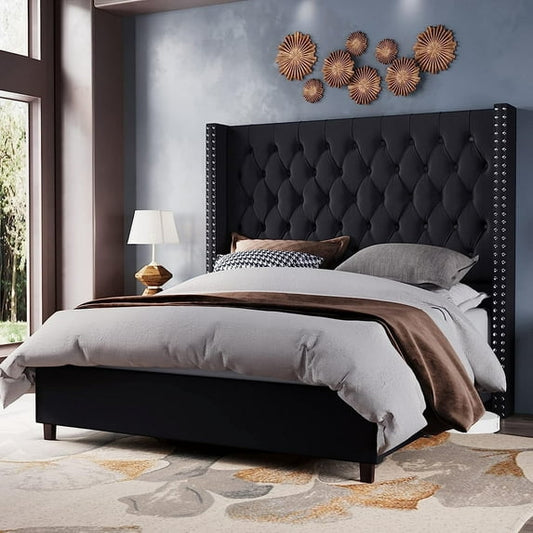Merluxy Bed Frame 61.4" Tall Headbord with Deep Button Tufting and Velvet Upholstered