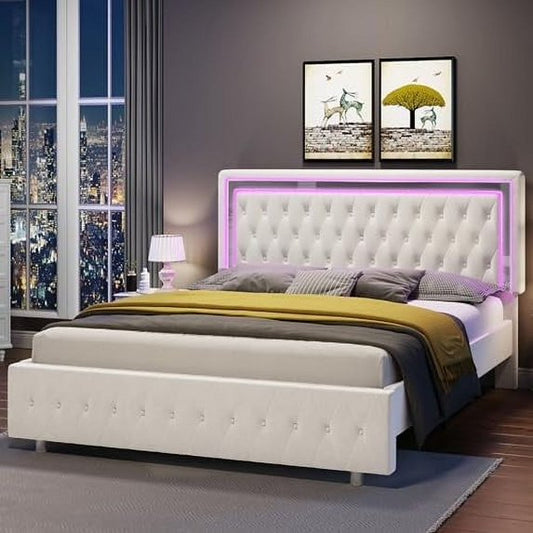 Merluxy Bed Frame with LED Lights Headboard,Velvet Upholstered,No Box Spring Needed