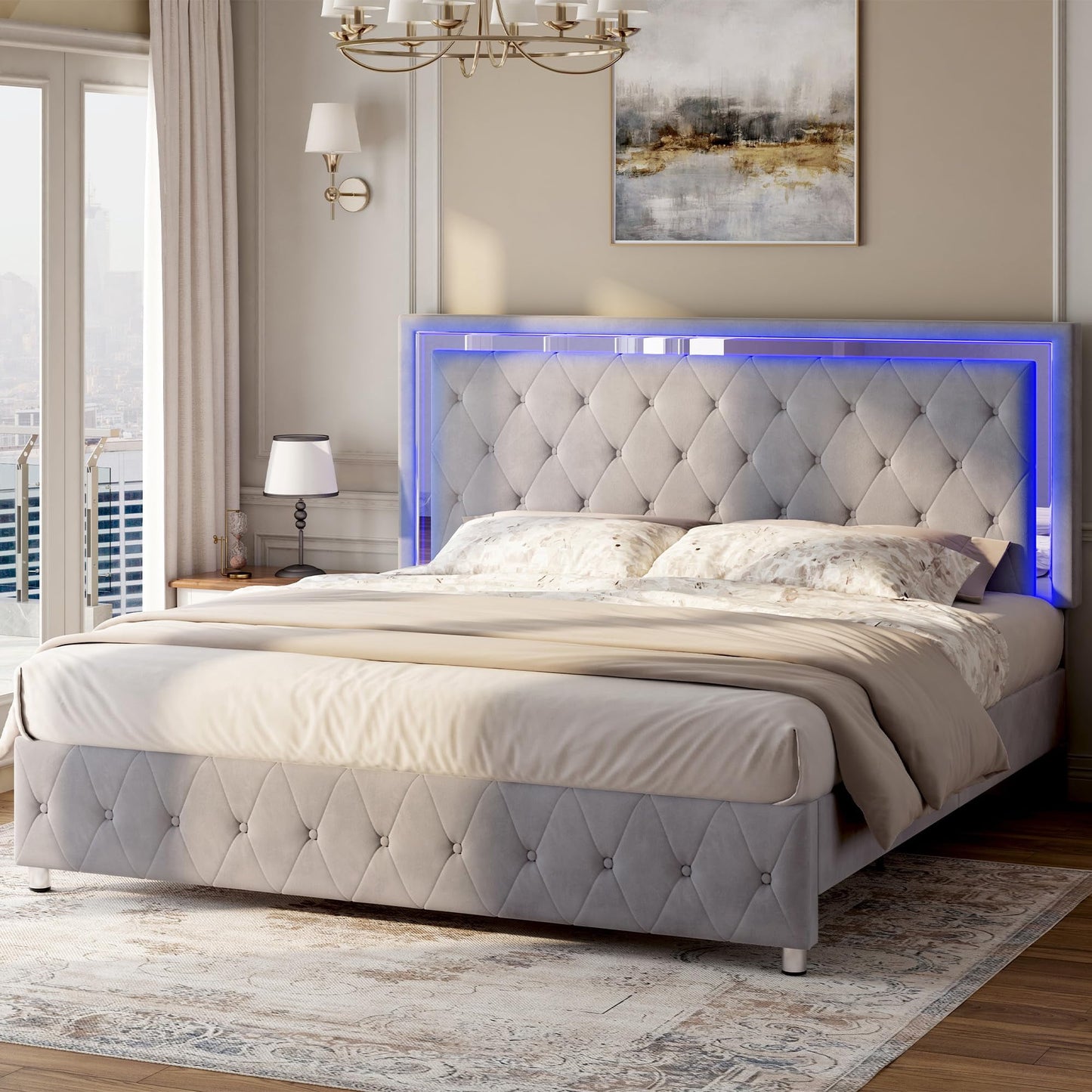 Merluxy Bed Frame with LED Lights Headboard,Velvet Upholstered,No Box Spring Needed