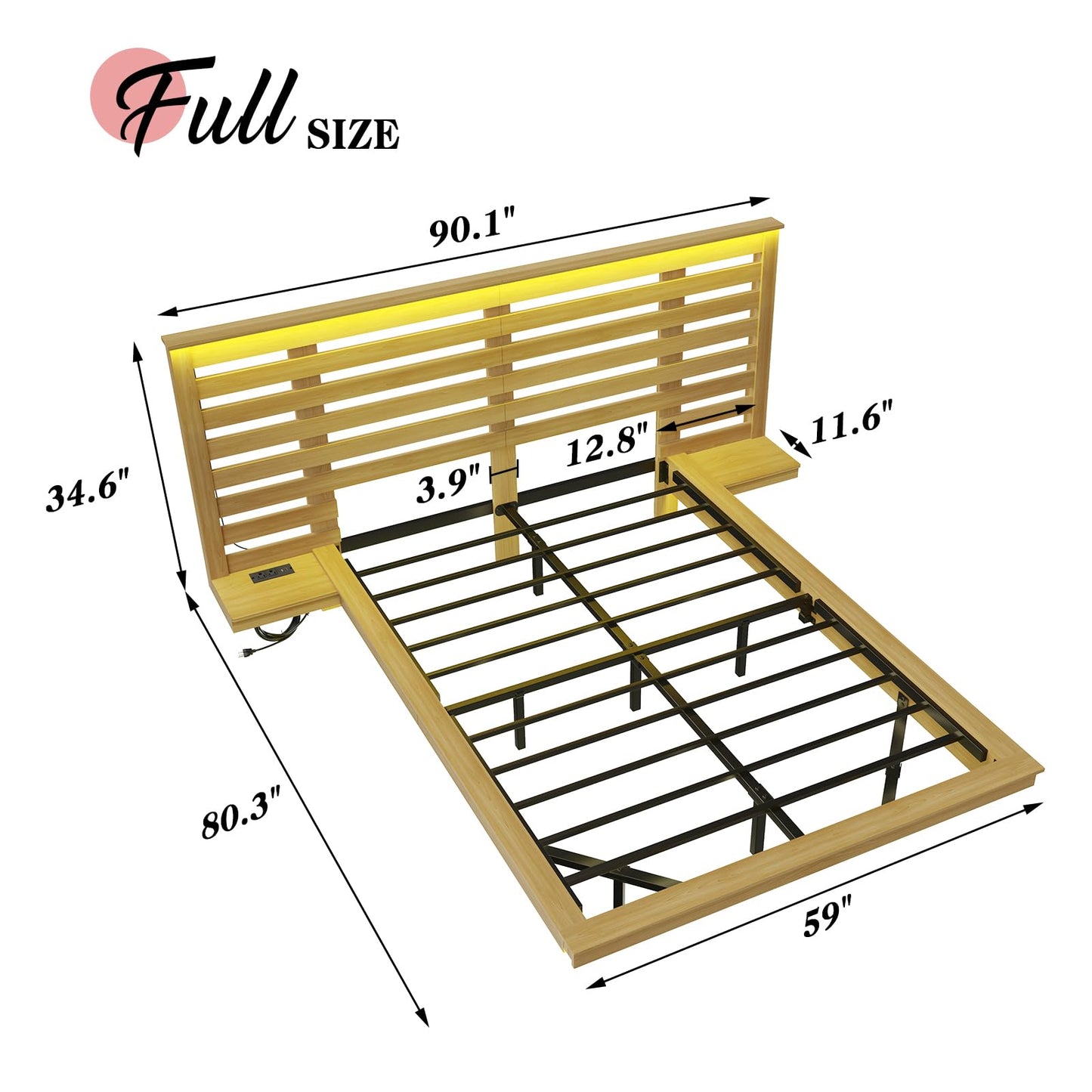 LUXOAK Farmhouse Full Floating Bed Frame with Nightstands, Platform Bed with LED Light & Type-C & USB Charging Station, No Box Spring Needed/Noise Free, Distressed White