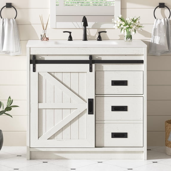 Merluxy 36" Farmhouse Vanity with Sink, Carrara White Marble Top, Storage Cabinet with 2 Drawer, Sliding Barn Door, for Bedroom, Rustic White