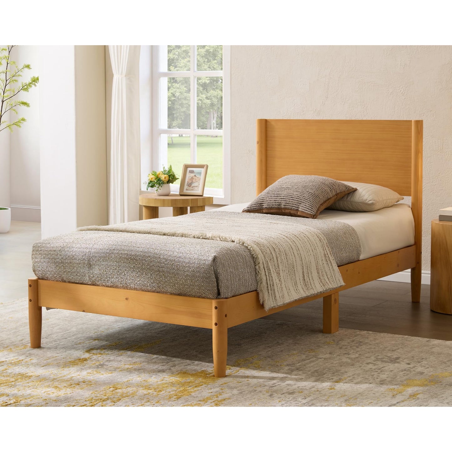 Merluxy 37.6"H Solid Wood Twin Bed Frame, Mid Century Modern Platform Bed with Full Panel Headboard, Noise-Free, Under-Bed Storage, Natural Wood