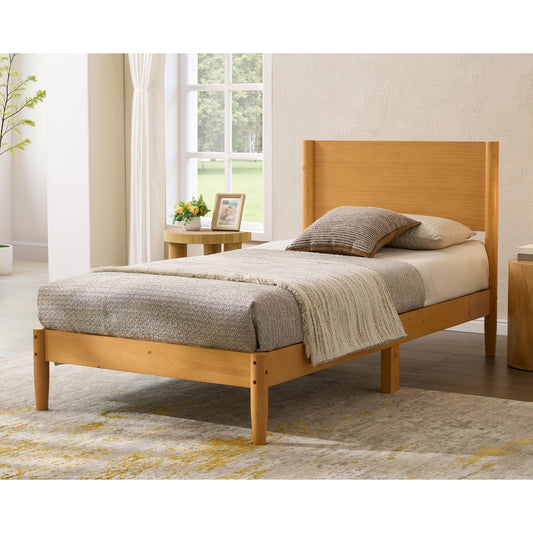 Merluxy 37.6"H Solid Wood Twin Bed Frame, Mid Century Modern Platform Bed with Full Panel Headboard, Noise-Free, Under-Bed Storage, Natural Wood