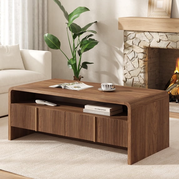 Merluxy 39.4" Fluted Coffee Table with Storage and Rounded Edges, Brown Wood Living Room Table, 2 Drawers and Open Shelf