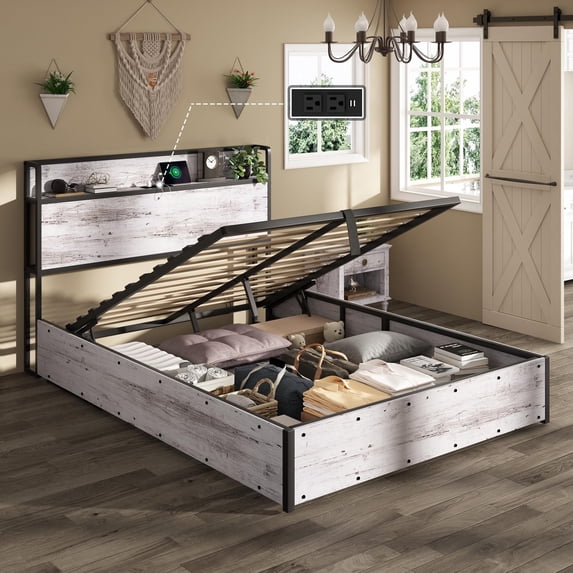 Merluxy 39"H Lift up Storage Bed Frame, Wooden Platform Bed Frame with Lifting Storage & Charging Station