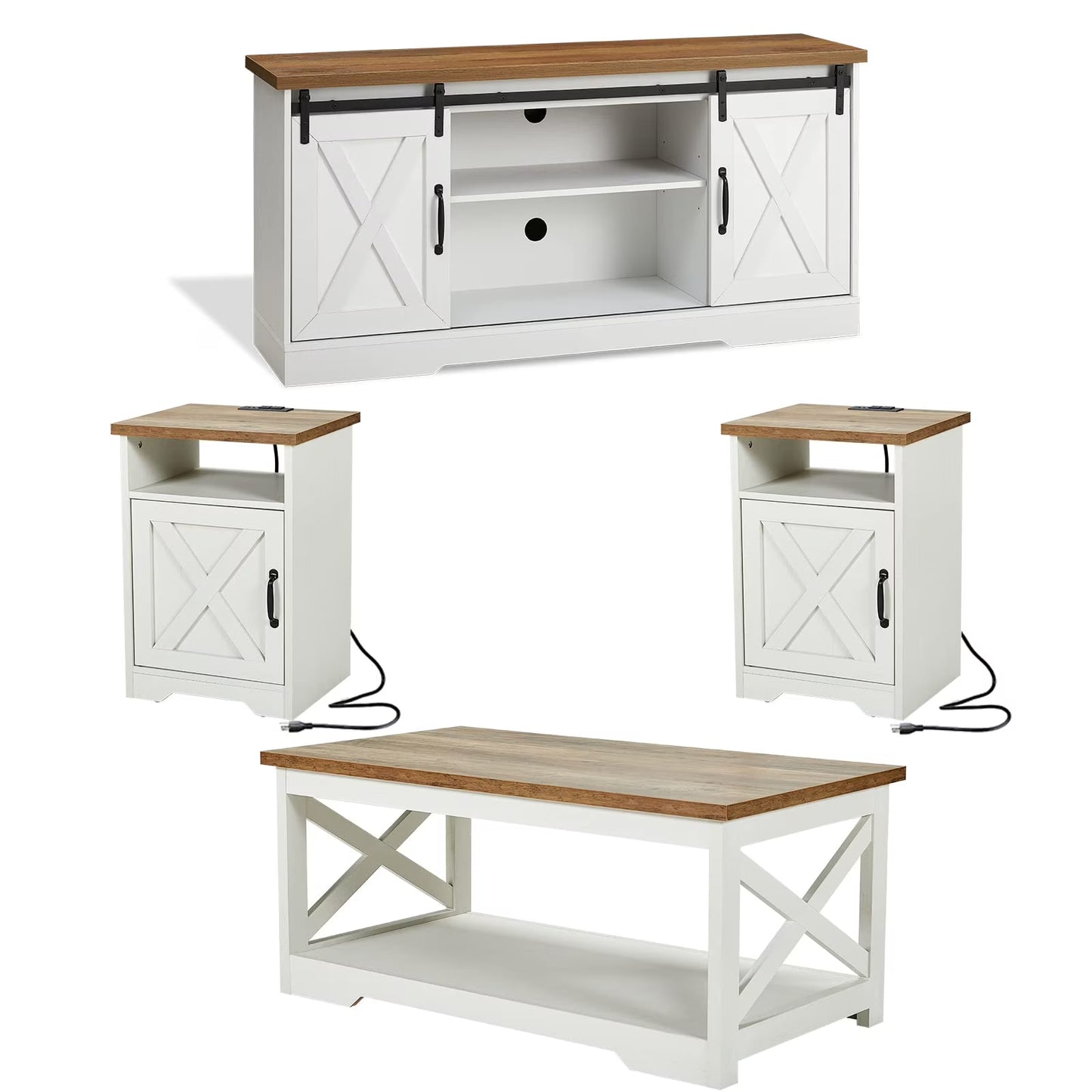 Merluxy 4 Pieces Farmhouse Living Room Table Sets, 66" Sliding Barn Door TV Stand, Coffee Table & 2 End Tables with Charging Station, Barnwood & White