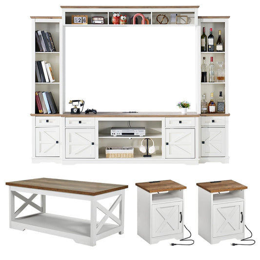 Merluxy 4 Pieces Living Room Table Sets, 98" Farmhouse Wall Unit TV Stand, Coffee Table & 2 End Tables with Charging Station, Barnwood & White
