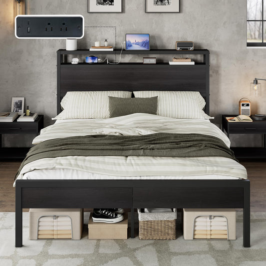 Merluxy 42.5"H Full Size Bed Frame with Storage Headboard & Charging Station, Industrial Metal Platform Bed with Large Under-Bed Storage, Black