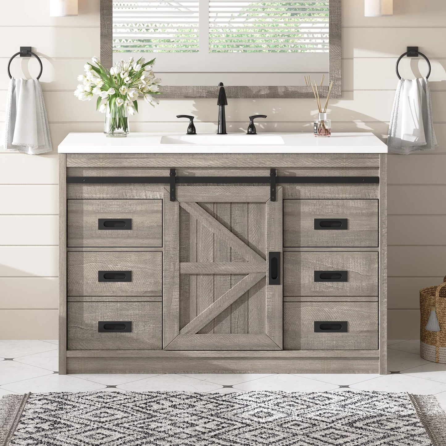 Merluxy Sliding Barn Door Bathroom Vanity with Sink, Farmhouse Bathroom Vanity Cabinet Set with Sliding Doors & Drawers, Metal Handles, Small Single Bath Storage Vanity Sink Combo