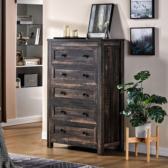 Merluxy 5 Drawers Dresser for Bedroom, Wood Tall Dresser with Vintage Gain for Adult