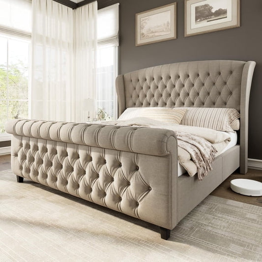 Merluxy 51"H Platform Bed Frame, Linen Upholstered Sleigh Bed Frame with Scroll Wingback Headboard & Footboard/Button Tufted