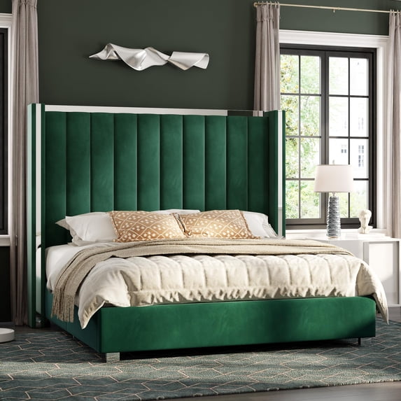 Merluxy 58" Tall Green Velvet Wingback Upholstered Platform Bed Frame with Chrome Accents and Solid Wood Slats, Comfortable Back Support, King