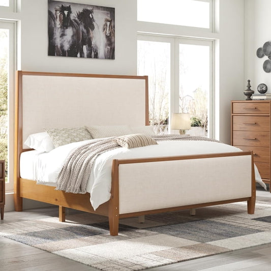 Merluxy 58" Tall Solid Wood Bed Frame with Upholstered Headboard & Footboard, Wooden Platform Bedframe, No Box Spring Needed, Walnut