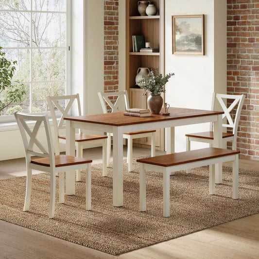 Merluxy 6-Piece Farmhouse Dining Table Set, 59" Wooden Table with 4 Chairs & Bench, Kitchen & Dining Room Set for 6