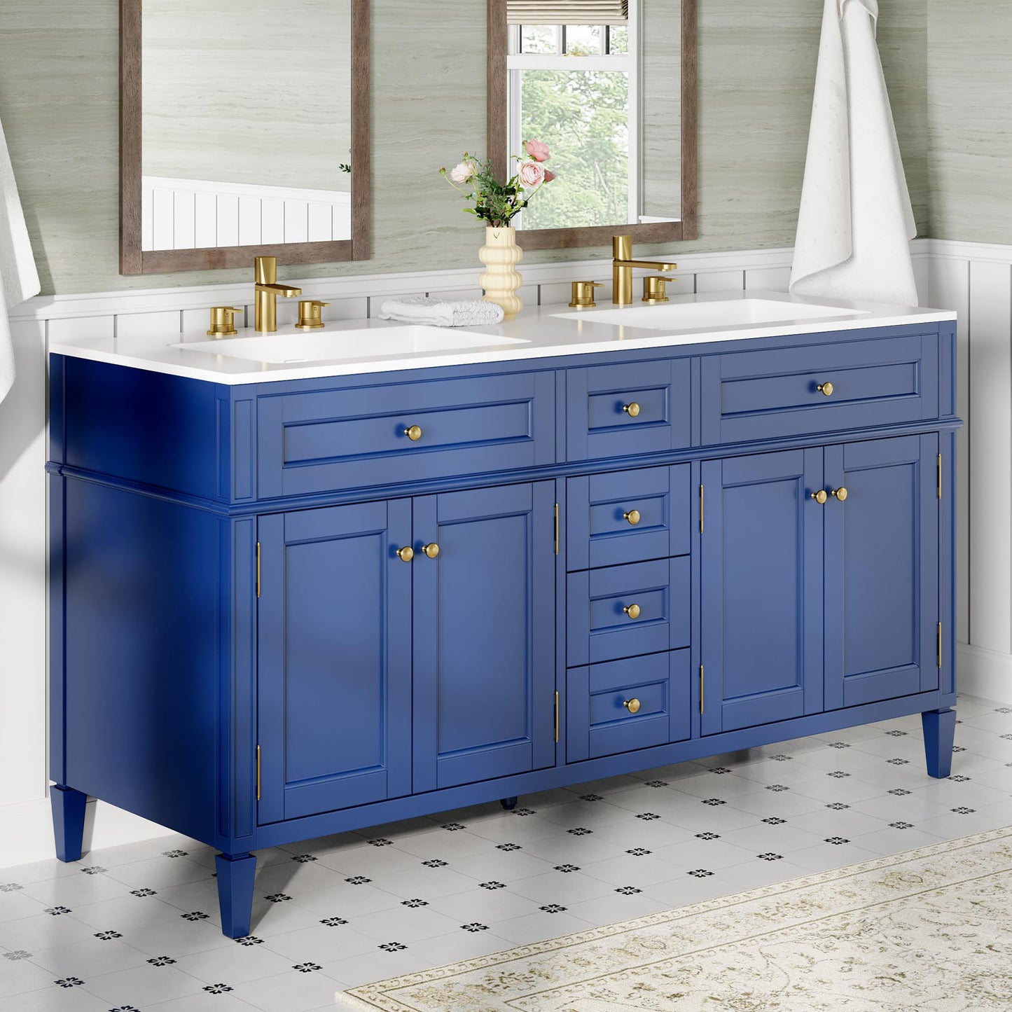Merluxy 60″ Bathroom Vanity with Sink Combo, Modern Double Sink Vanity, Solid Wood with 3 Storage Drawers & Adjustable Shelves