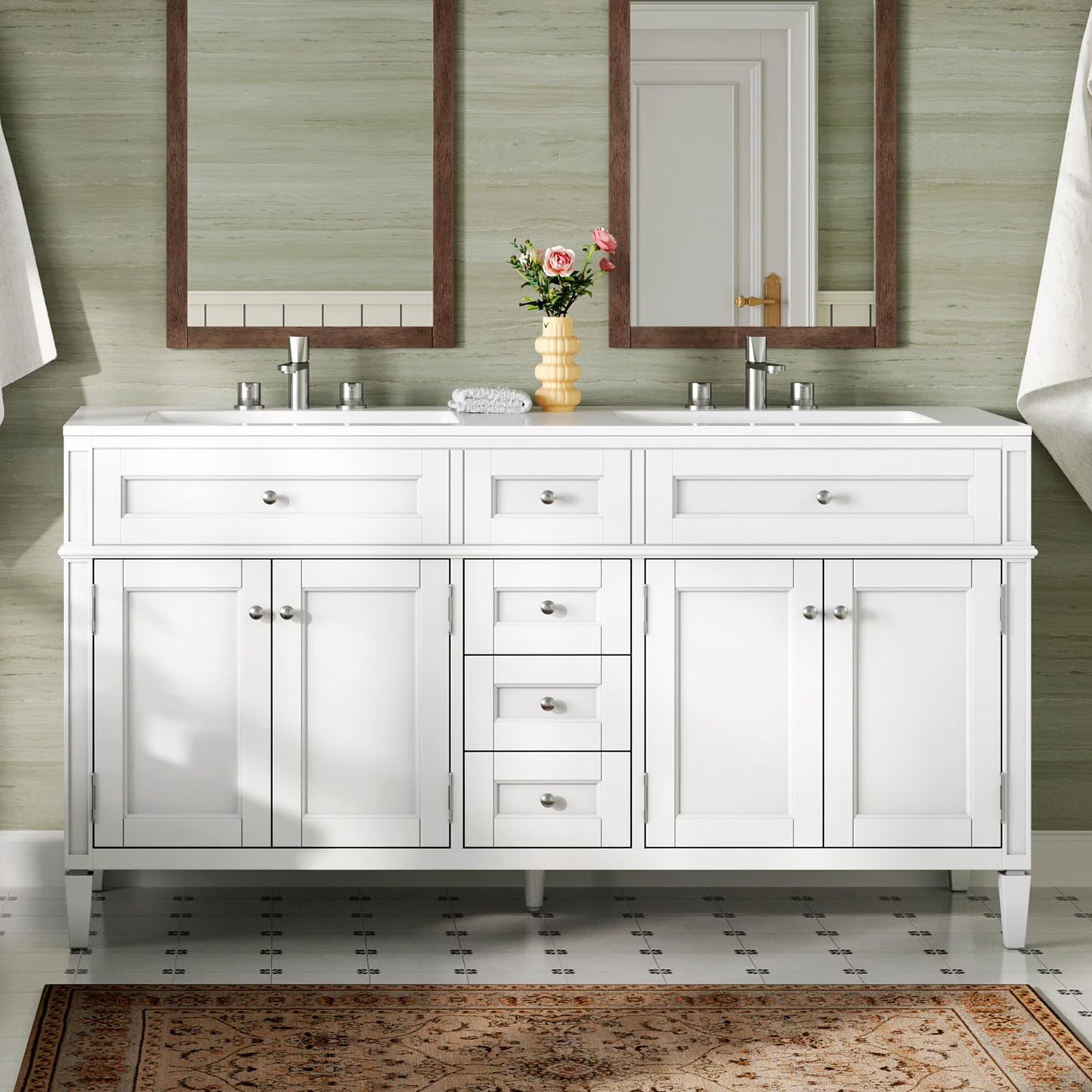 Merluxy 60″ Bathroom Vanity with Sink Combo, Modern Double Sink Vanity, Solid Wood with 3 Storage Drawers & Adjustable Shelves