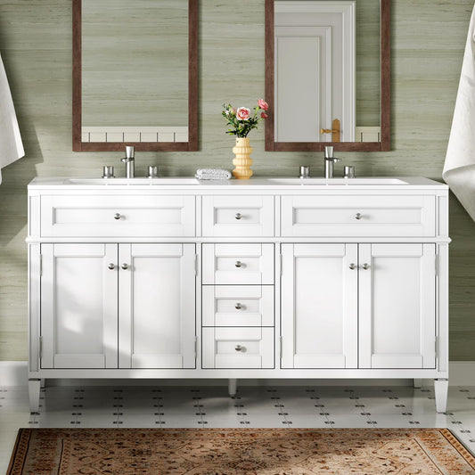 Merluxy 60″ Bathroom Vanity with Sink Combo, Modern Double Sink Vanity, Solid Wood with 3 Storage Drawers & Adjustable Shelves