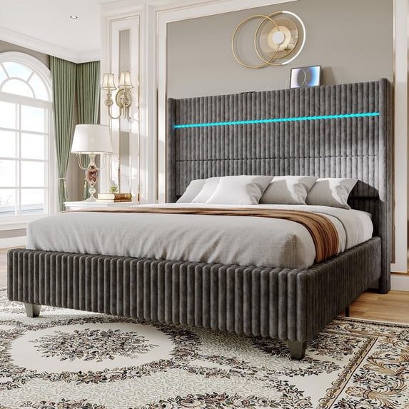 Merluxy 60" Tall Bed Frame with LED Lights, Faux-Fur Upholstered Platform with Wingback Headboard & Charging Station