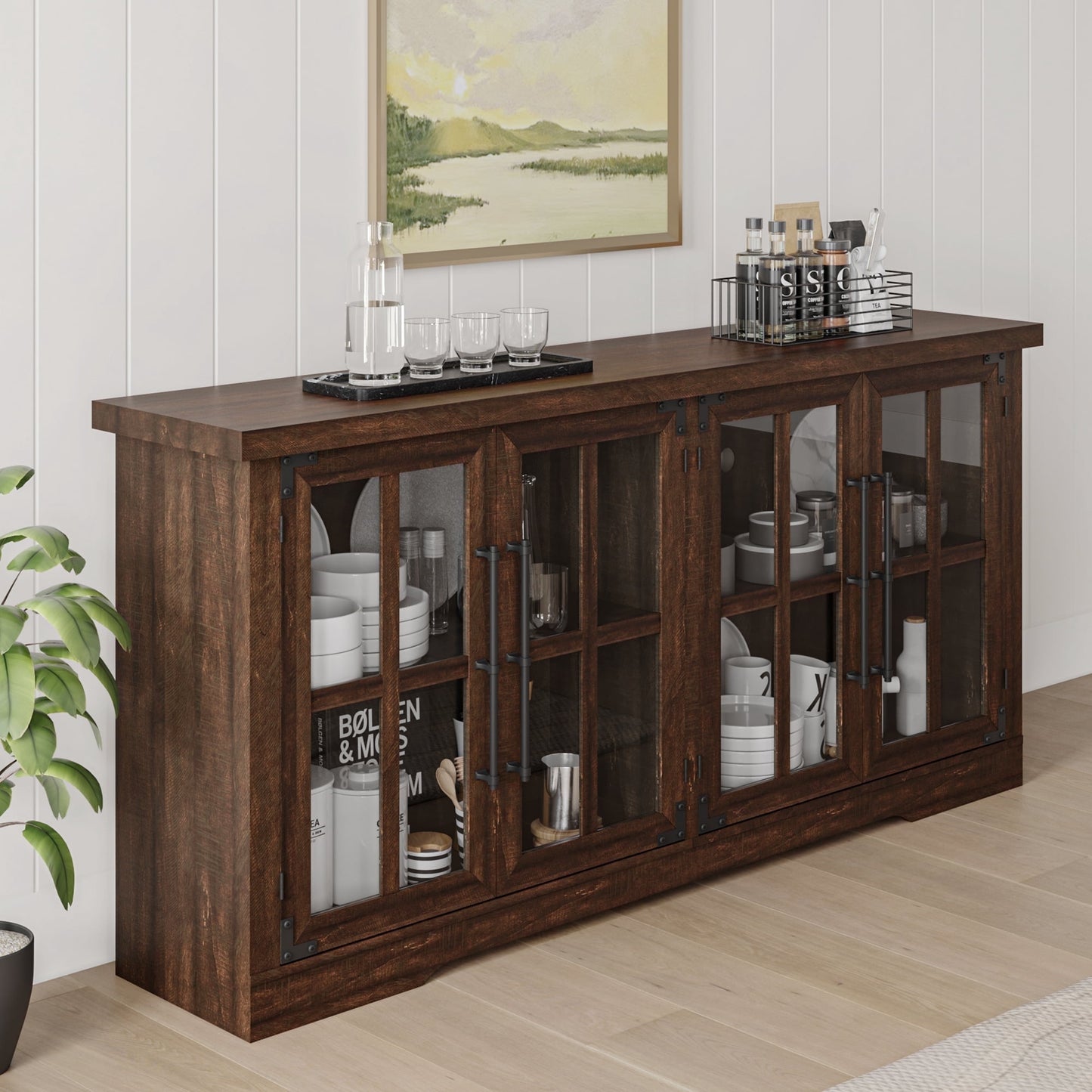 Merluxy 63" Buffet Sideboard Cabinet with Storage, Farmhouse Wood Cabinet with 4 Glass Doors