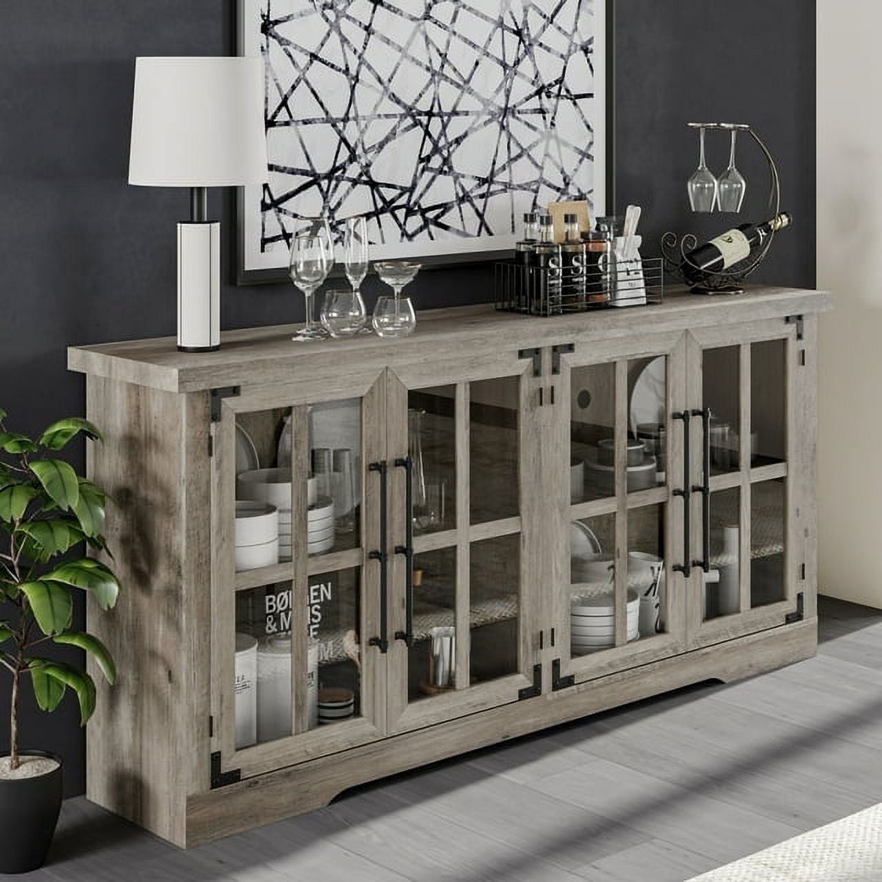 Merluxy 63" Buffet Sideboard Cabinet with Storage, Farmhouse Wood Cabinet with 4 Glass Doors