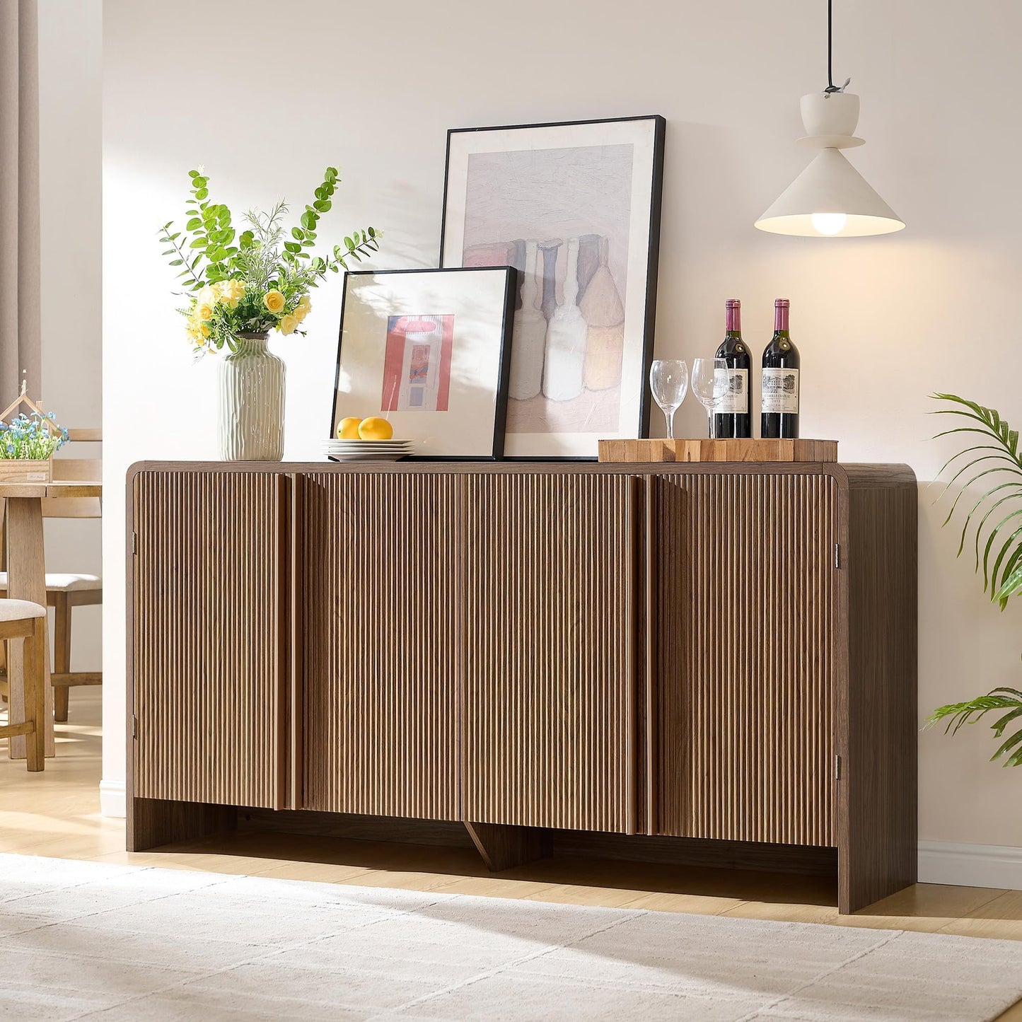 Merluxy 63" Fluted Sideboard Buffet Cabinet with Storage, Modern Credenza with 4 Doors & Adjustable Shelves for Kitchen, Living Room