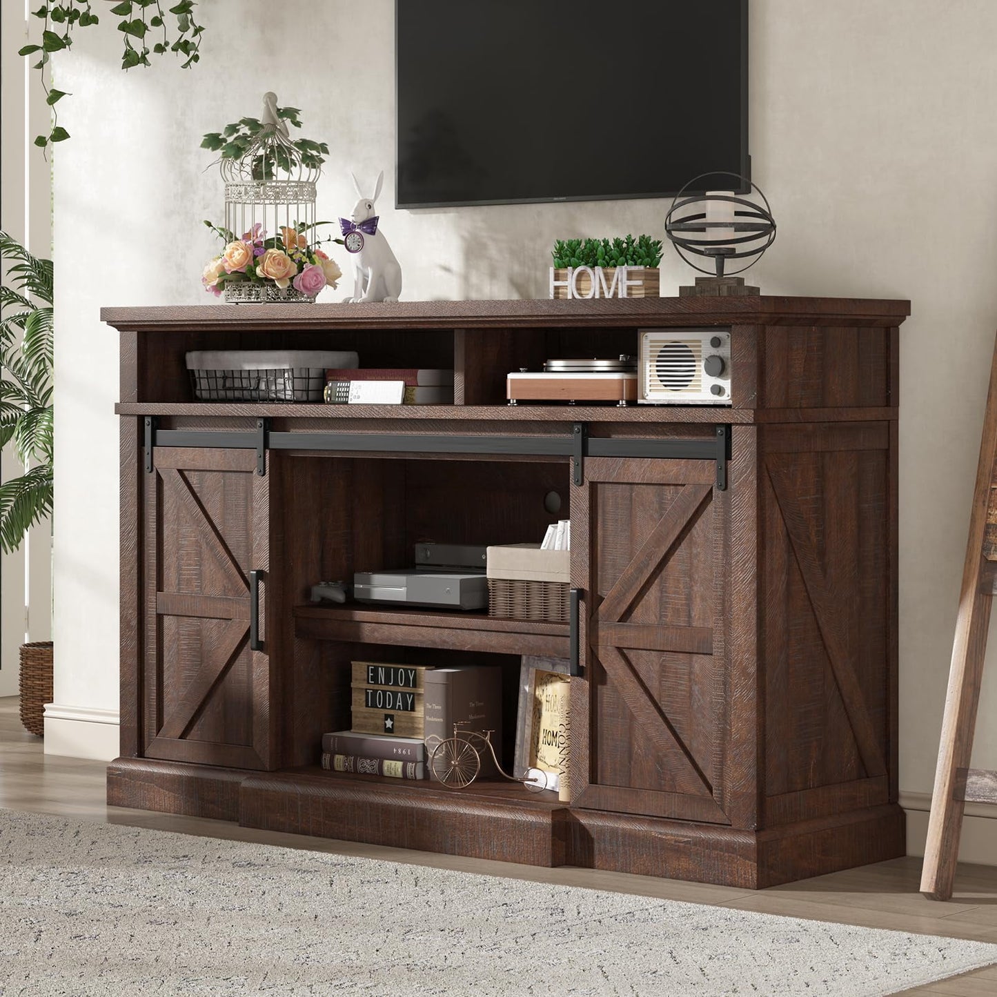 Merluxy Farmhouse TV Stand,Entertainment Center with Sliding Barn Door,Rustic Media Console