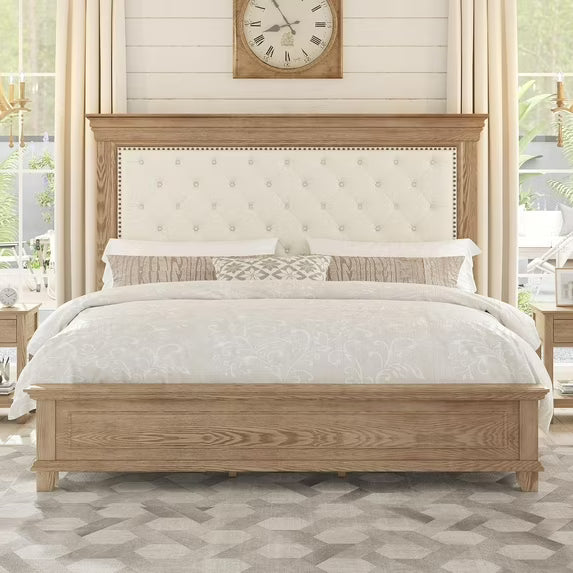 Merluxy 68" H Bed Frame with Upholstered Headboard, Solid Wood Mid-Century Platform Bed, Architectural Design, No Box Spring Needed