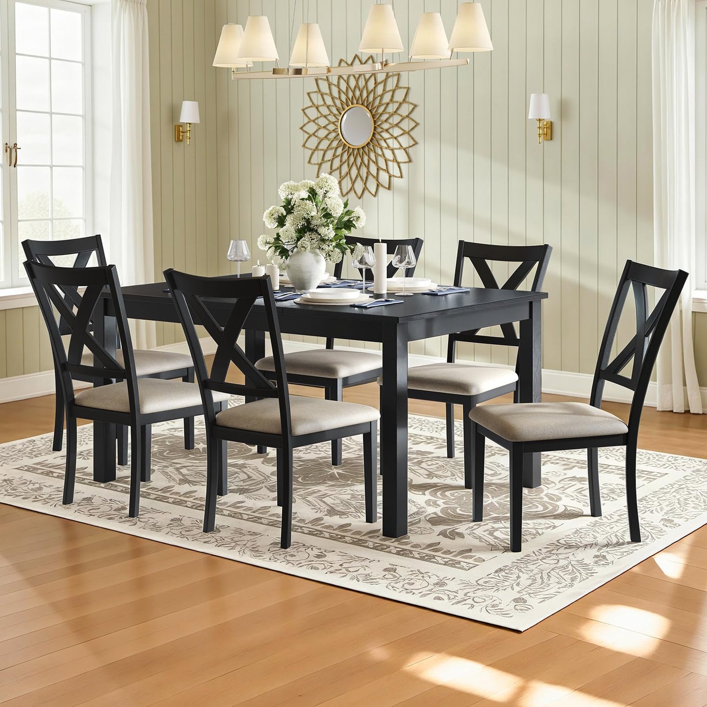 Amerlife 7-Piece Solid Wood Dining Table Set, 60" Farmhouse Dining Table with 6 Chairs, Dining Table Set for 6, Kitchen & Dining Room