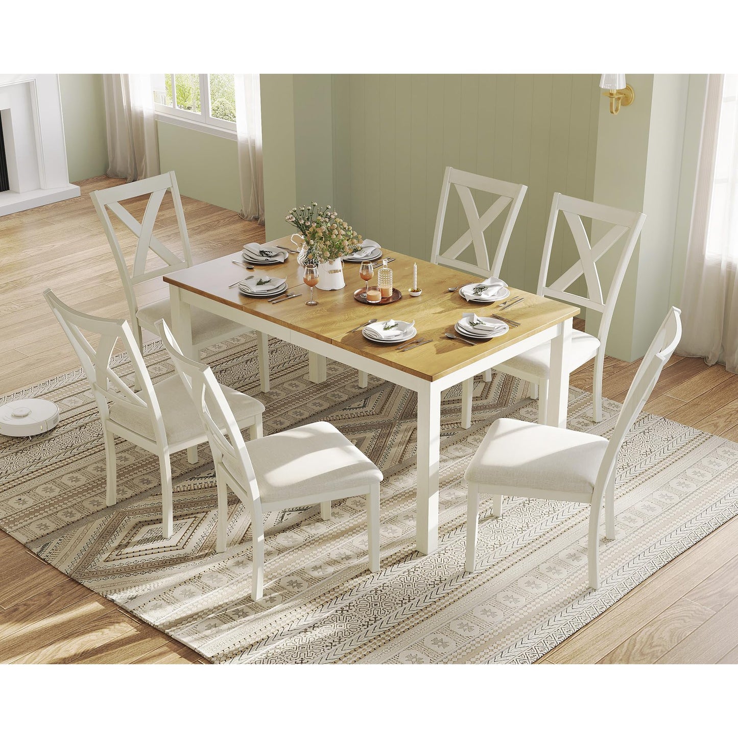 Amerlife 7-Piece Solid Wood Dining Table Set, 60" Farmhouse Dining Table with 6 Chairs, Dining Table Set for 6, Kitchen & Dining Room