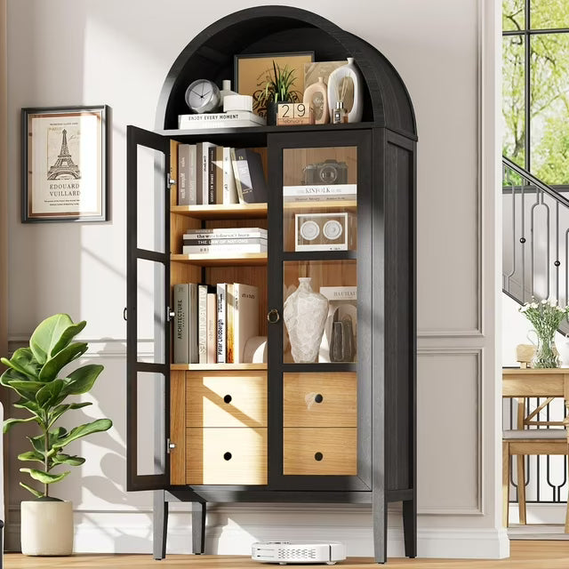 VANACC Modern Arched Storage Cabinet with Glass Doors and Drawers, Adjustable Shelves