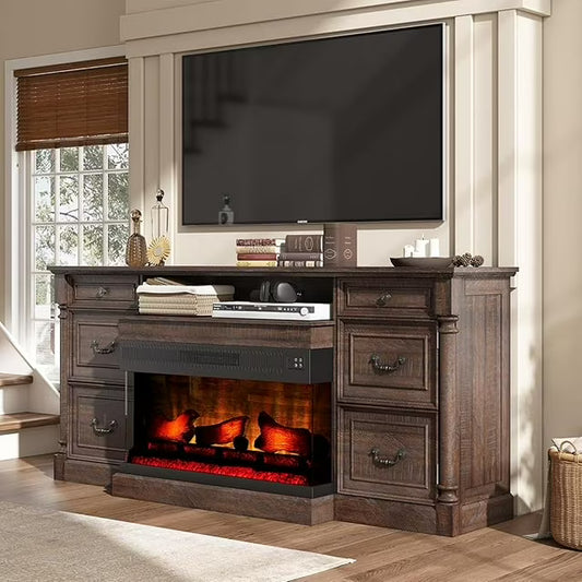 amerlife 75" Farmhouse TV Stand with 36'' 3-Sided Glass Fireplace, Large Entertainment Center with 2 Drawers & Doors Closed Storage, TV Console for TVs up to 85"