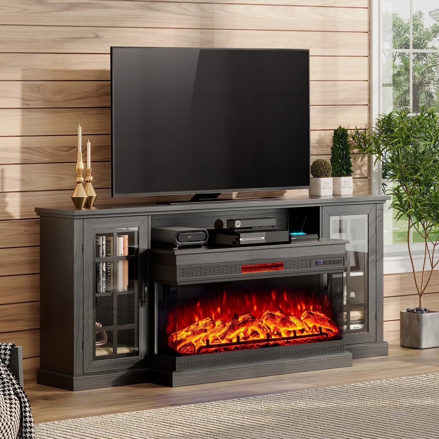 Merluxy 3-Sided Glass Fireplace TV Stand