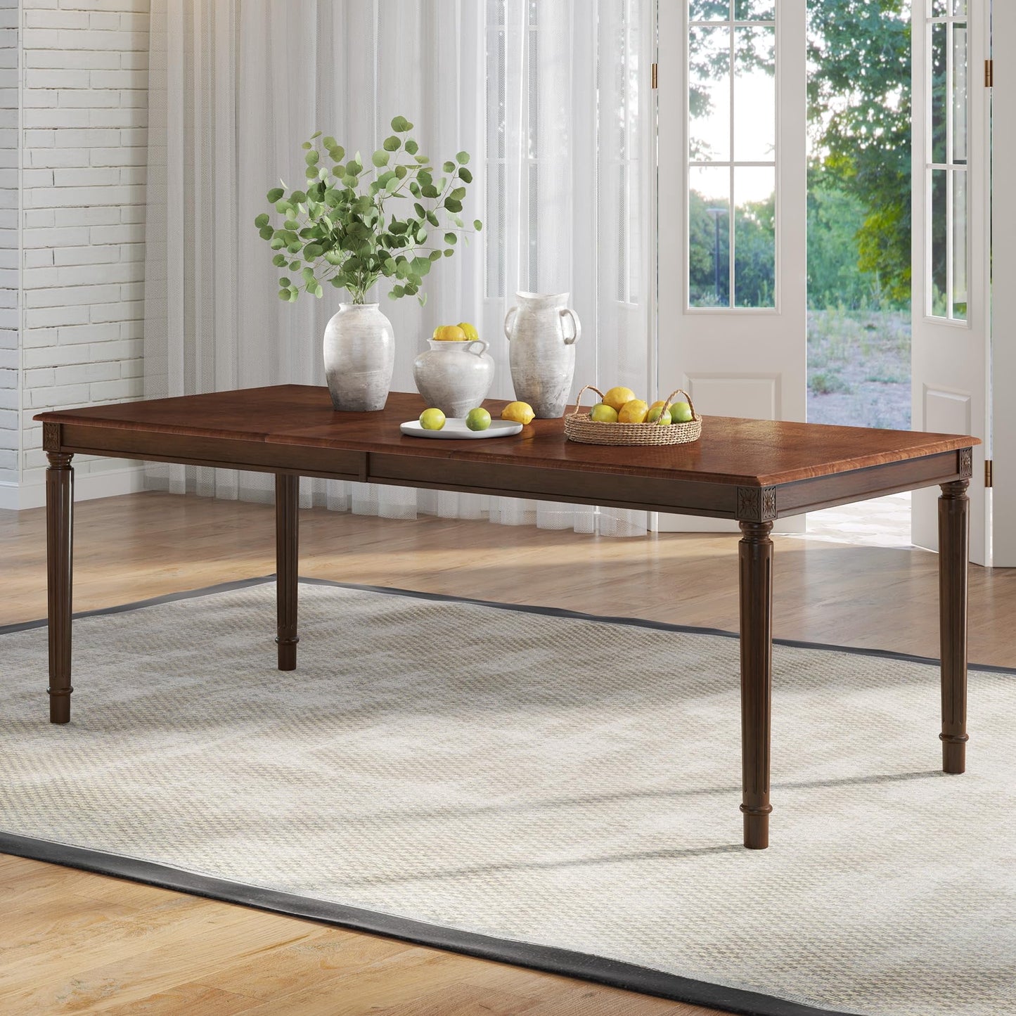 Merluxy 79" Farmhouse Dining Table Dark Brown Solid Wood with Roman Legs