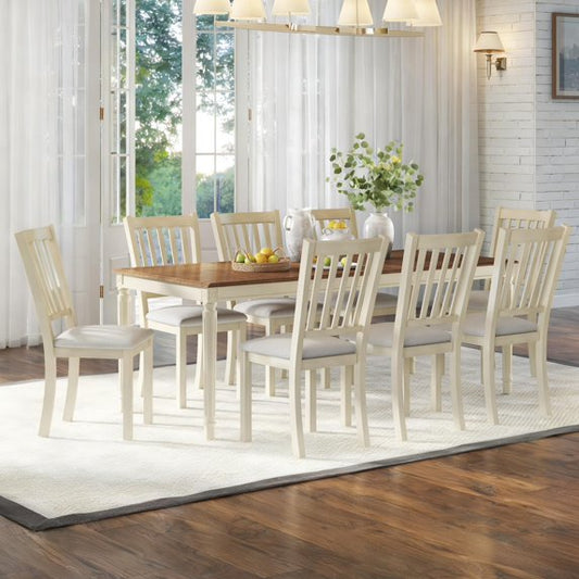 Merluxy 79'' 9-Piece Farmhouse Solid Wood Dining Table Set with 8 Upholstered Chairs, Roman Conical Legs, Seats up to 8, for Kitchen, Rustic Cream