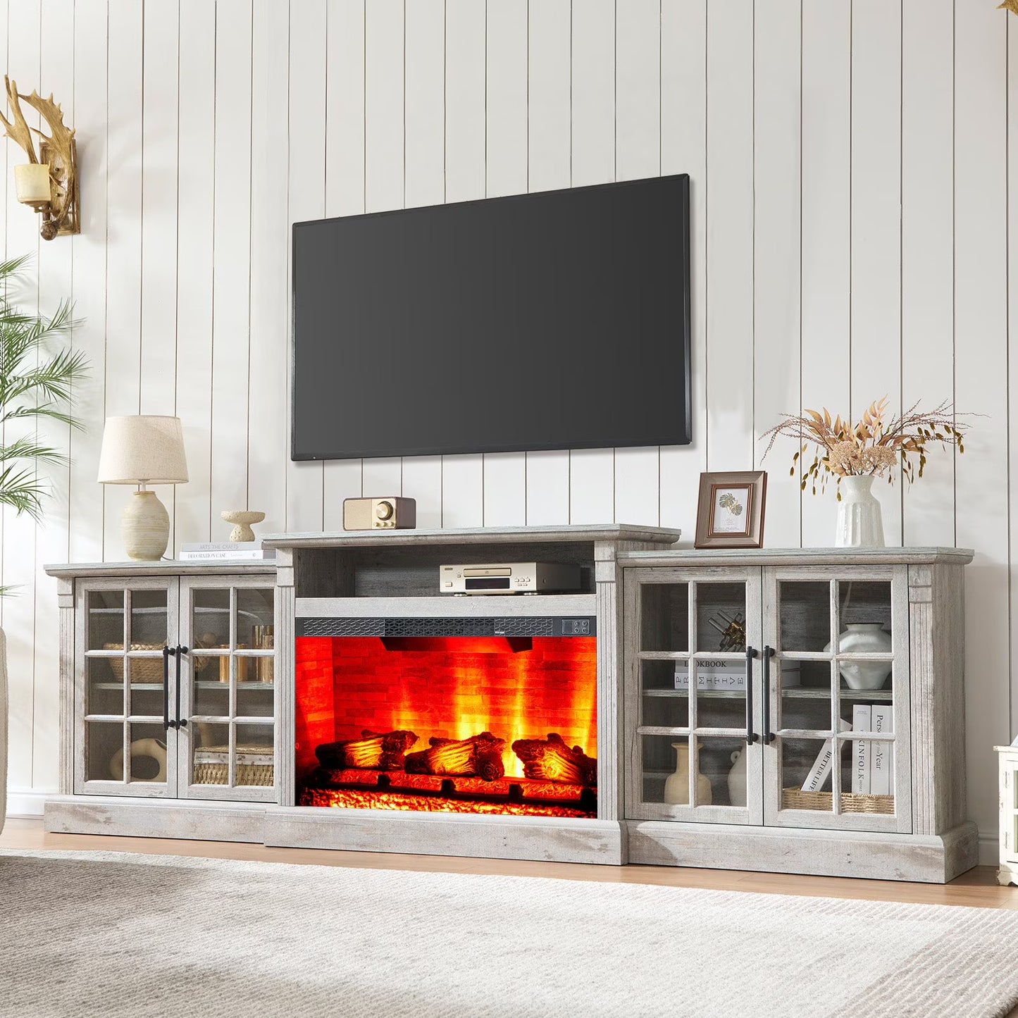 Merluxy 97" Farmhouse Fireplace TV Stand, Entertainment Center with Adjustable Shelf