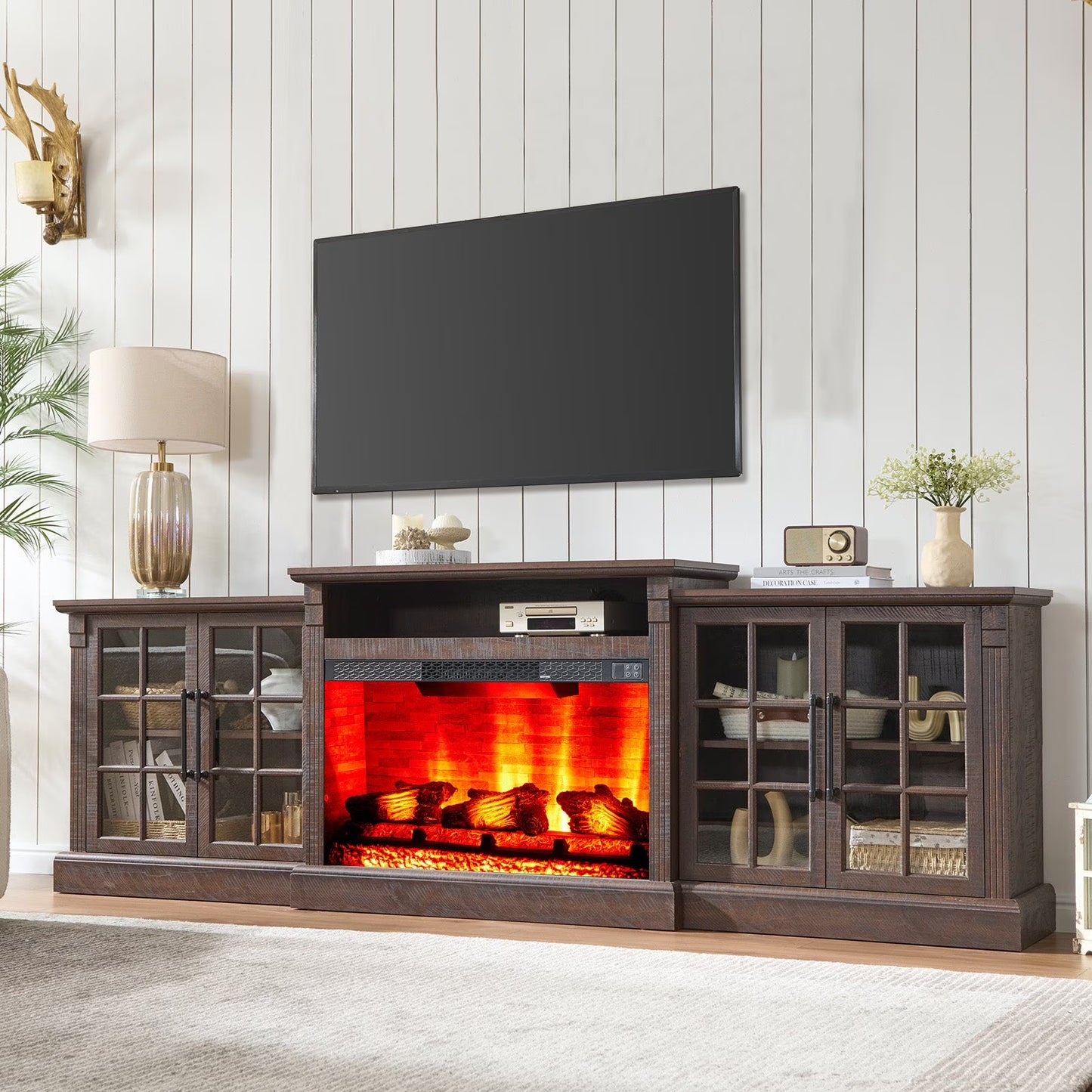 Merluxy 97" Farmhouse Fireplace TV Stand, Entertainment Center with Adjustable Shelf