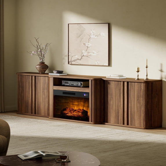 Merluxy Fluted Electric Fireplace TV Stand, Mid Century Modern, Entertainment Center for 100" TVs, Sliding Tambour Doors, Hidden Storage