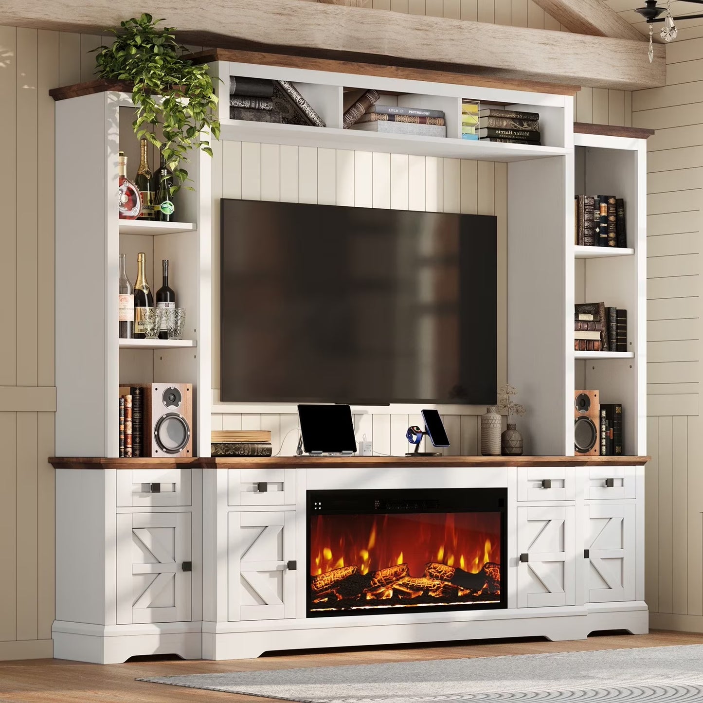Merluxy Farmhouse TV Stand with Fireplace,Power Outlets,Bookshelves & Wine Cabinet for 78" TVs