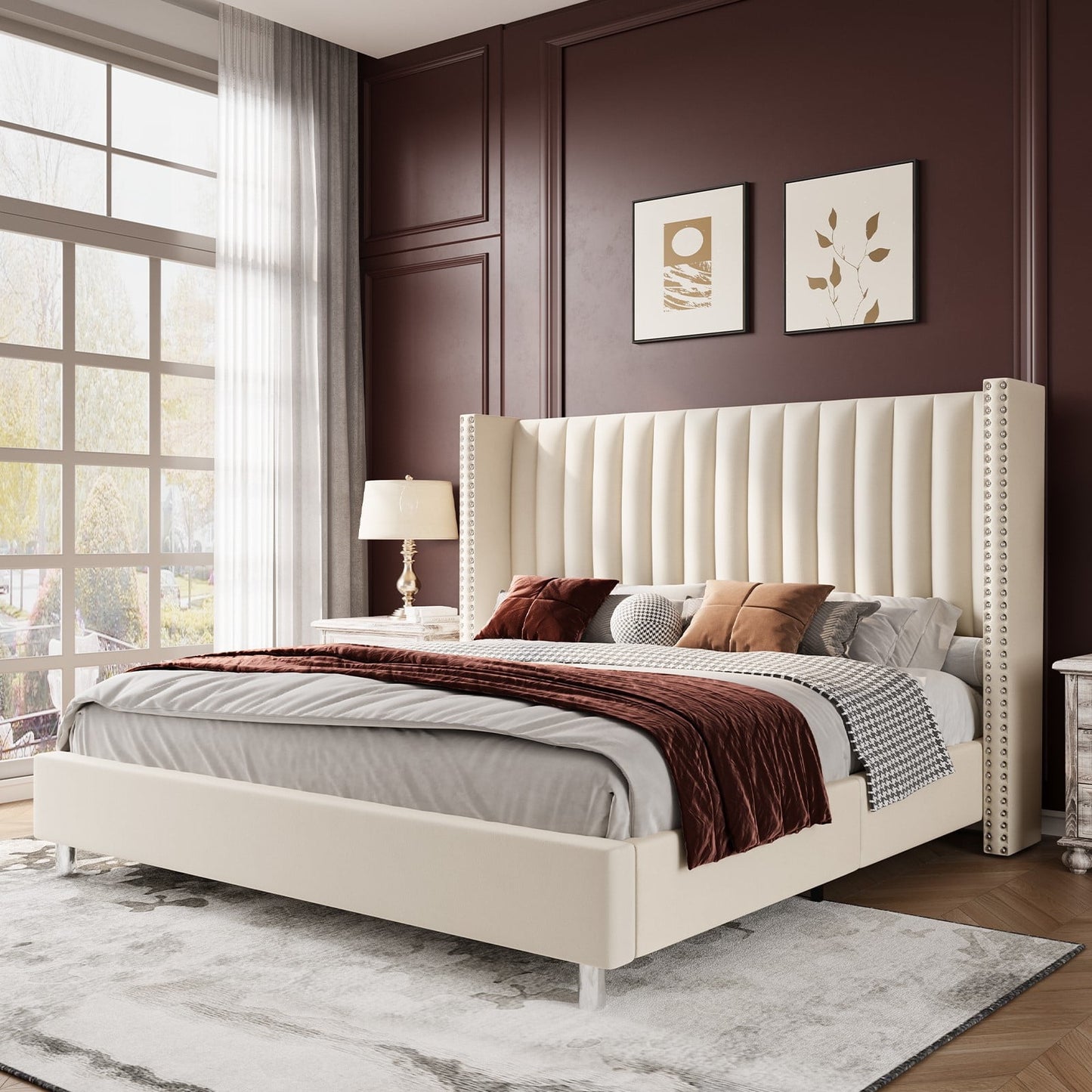 Merluxy Bed Frame Upholstered Bed Wingback Headborad Velvet Channel Tufted/No Box Spring Needed