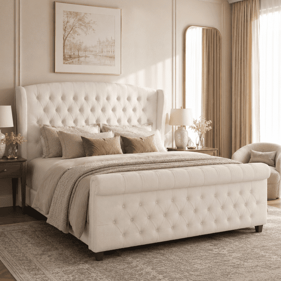 Merluxy Platform Bed Frame, Velvet Upholstered Sleigh Bed with Scroll Wingback Headboard & Footboard/Button Tufted/No Box Spring Required