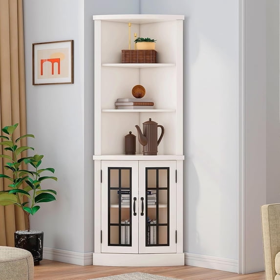 Merluxy Curved Corner Cabinet, 65" Wood Bookcase with 3 Shelves