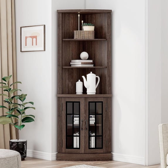 Merluxy Curved Corner Storage Cabinet, 65" Bookcase with Doors & Shelves, Living Room