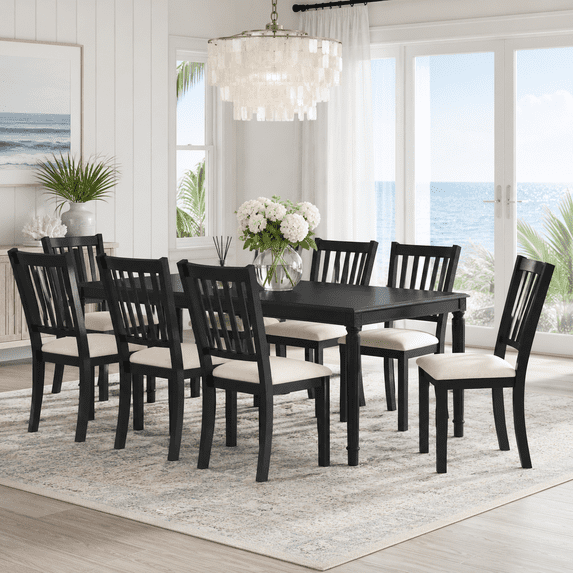 Merluxy Dining Table Set for 8, 79" Rectangular Farmhouse Table with 8 Upholstered Chairs, Solid Rubberwood Frame, Roman Conical Legs
