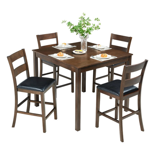 Merluxy Elm Wood 5-Piece Dining Table Set, Mid Century Modern Dining Table W/ 4 Chairs, Chairs with Curved Backrests & PU Cushioned, Space Saving Table & Chairs, Black/Walnut