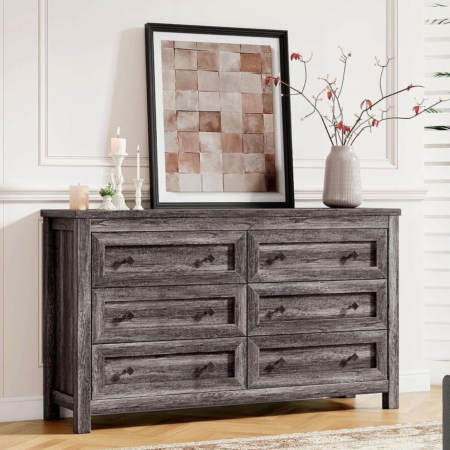 Merluxy Farmhouse 6 Drawers Dresser, Wood Rustic Chest of Drawers for Bedroom, 6 Drawers Chest for Living Room, Hallway