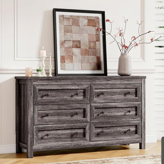 Merluxy Farmhouse 6 Drawers Dresser, Wood Rustic Chest of Drawers for Bedroom, 6 Drawers Chest for Living Room, Hallway