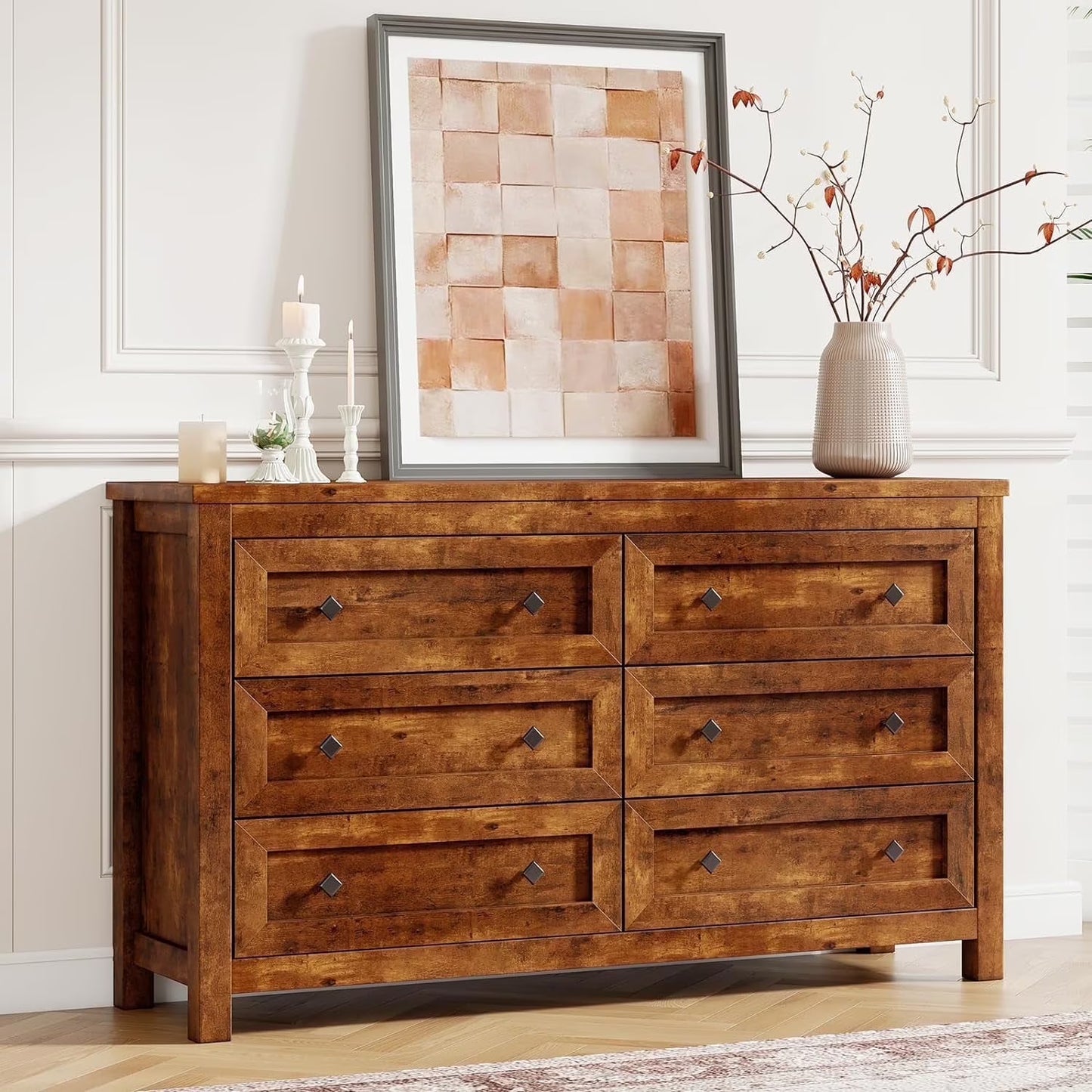 Merluxy Farmhouse 6 Drawers Dresser, Wood Rustic Chest of Drawers for Bedroom, 6 Drawers Chest for Living Room, Hallway